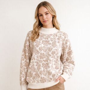 Christian Audigier Women Sweater M Beige Floral Lambswool Knit Quiet Luxury